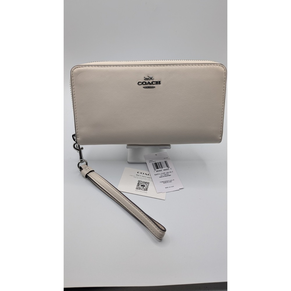 Coach Zip Around Long Wallet Wristlet - Chalk/Off-White/Cream Textured Leather